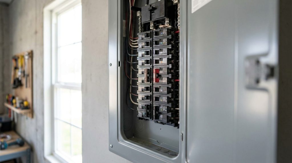 Modern residential electrical breaker panel with AFCI and CAFCI circuit breakers