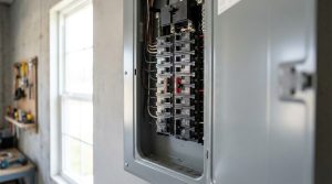 Modern residential electrical breaker panel with AFCI and CAFCI circuit breakers