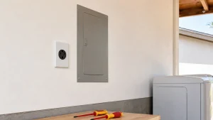 Electrician completing a 240-volt circuit installation in a Southern California home garage