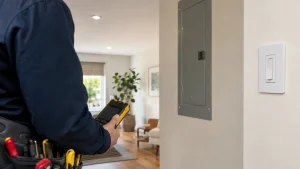 Electrician diagnosing an arc fault breaker tripping with LED lights in a Southern California home