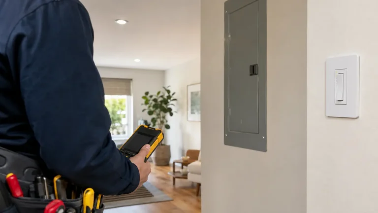 Electrician diagnosing an arc fault breaker tripping with LED lights in a Southern California home