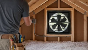 Licensed electrician installing a gable-mounted attic fan in a Southern California home