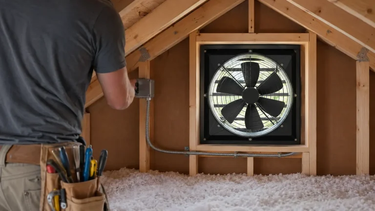 Licensed electrician installing a gable-mounted attic fan in a Southern California home