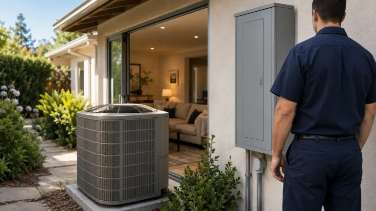 Electrician evaluating why lights dim when a central air conditioner starts at a Southern California home