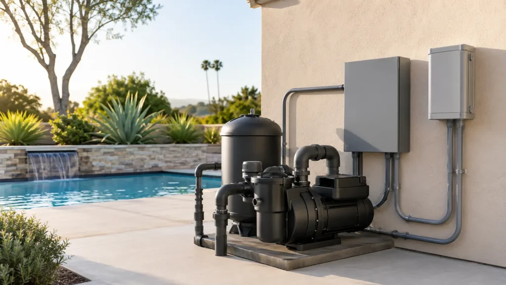 Professionally installed pool pump electrical equipment beside a Southern California backyard pool