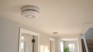 Ceiling-mounted smoke detector blinking red in a Southern California home hallway