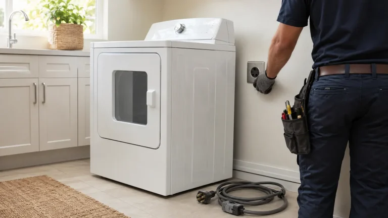 Electrician evaluating a 3-prong vs. 4-prong dryer outlet in a Southern California laundry room