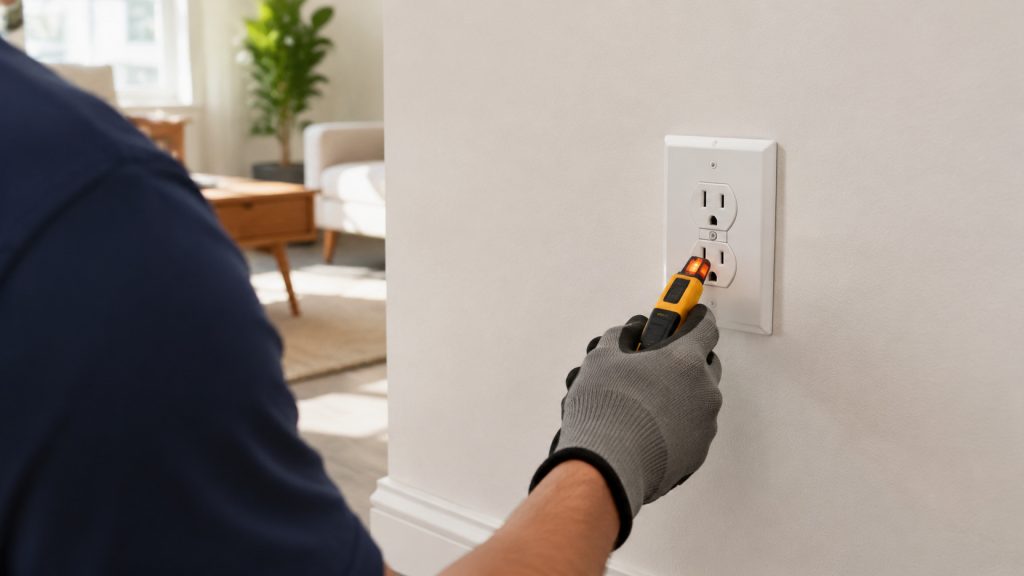 Electrician safely checking a standard 120-volt wall outlet in a Southern California home