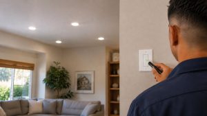 Licensed electrician inspecting an LED dimmer switch and recessed lighting in a Southern California home