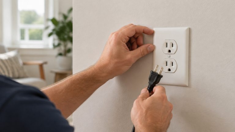 Electrician inspecting a loose wall outlet in a Southern California home